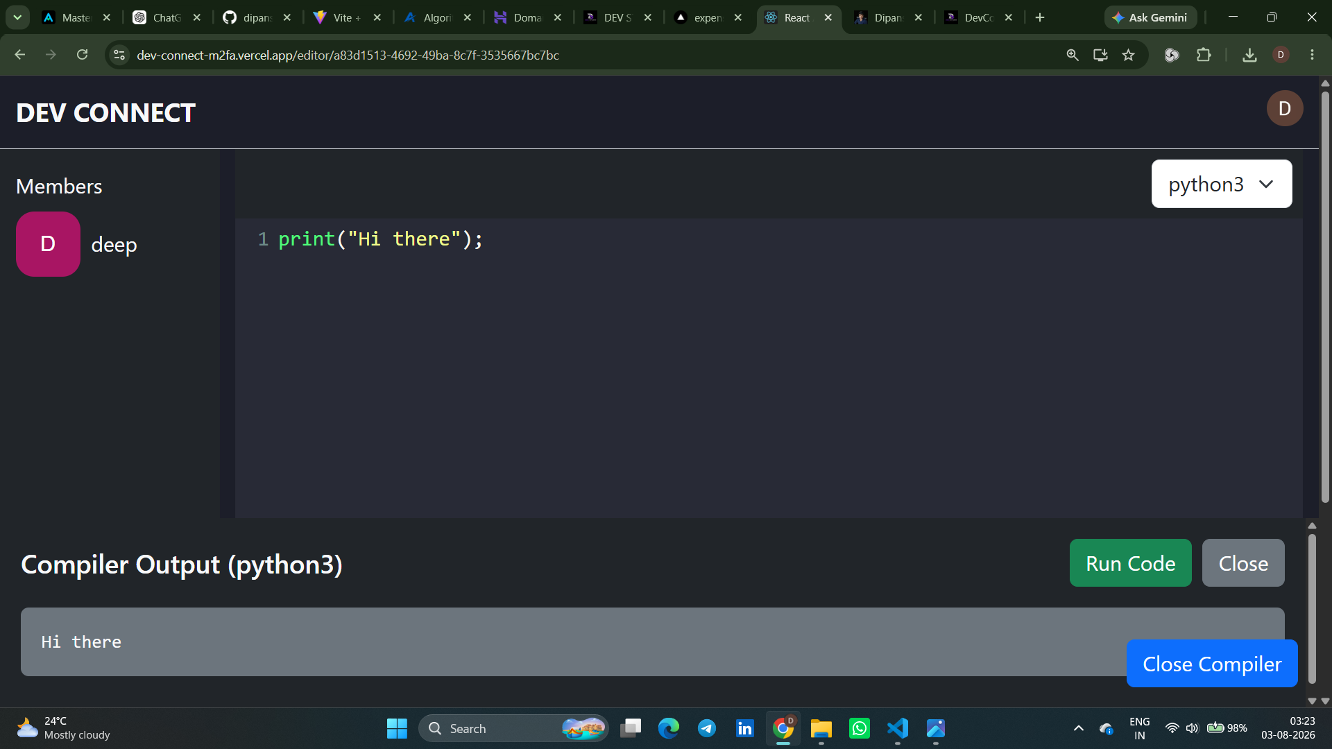 DevConnect — Real-time collaborative editor with live code execution