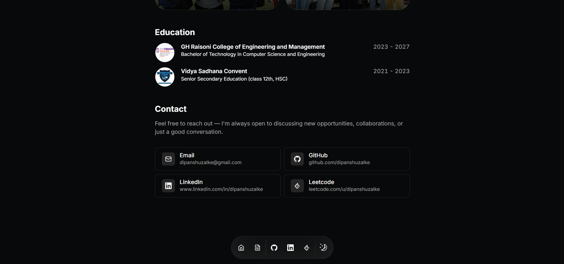 Developer Portfolio — Education, contact information, and professional profiles