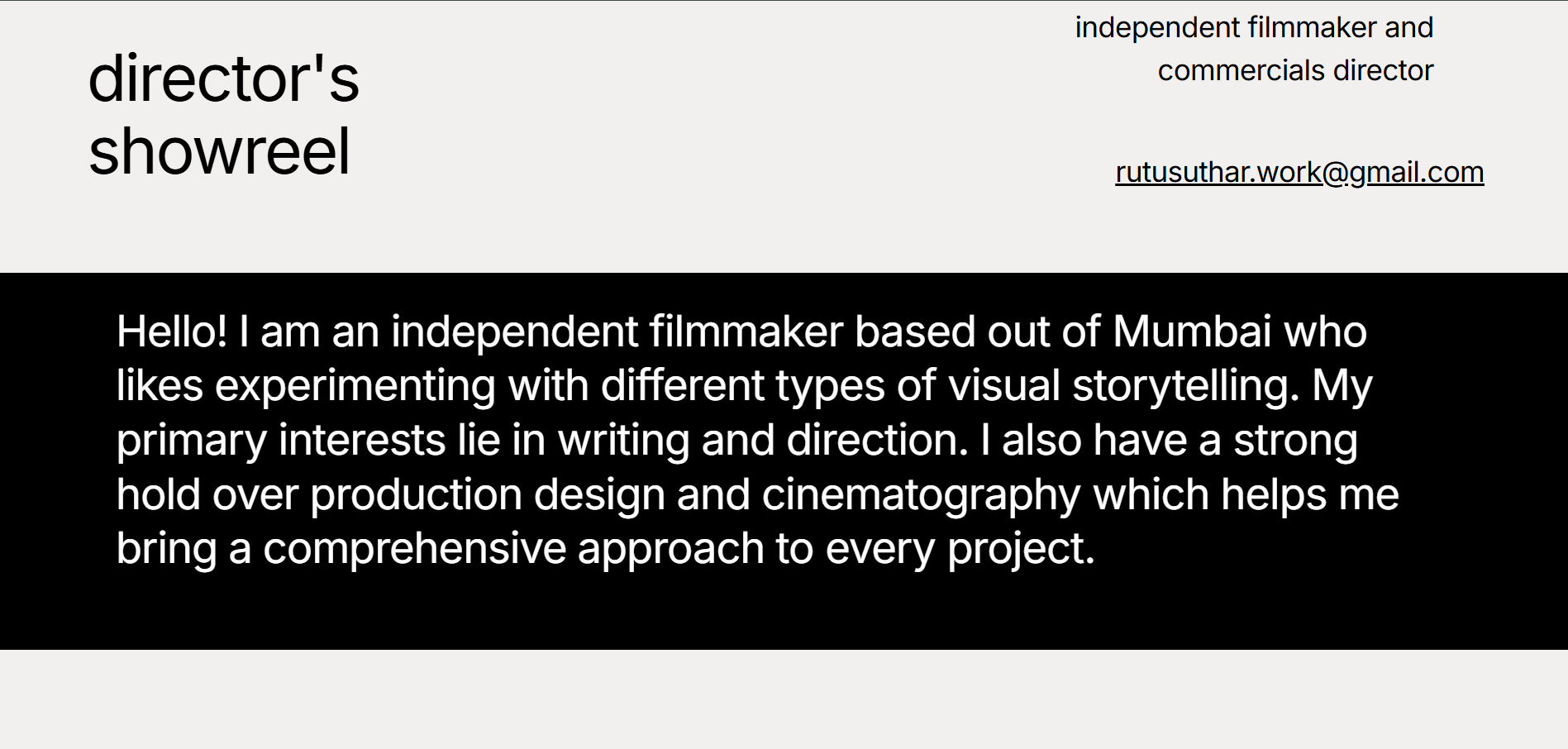 RUTU SUTHAR — Minimal landing page introducing the filmmaker