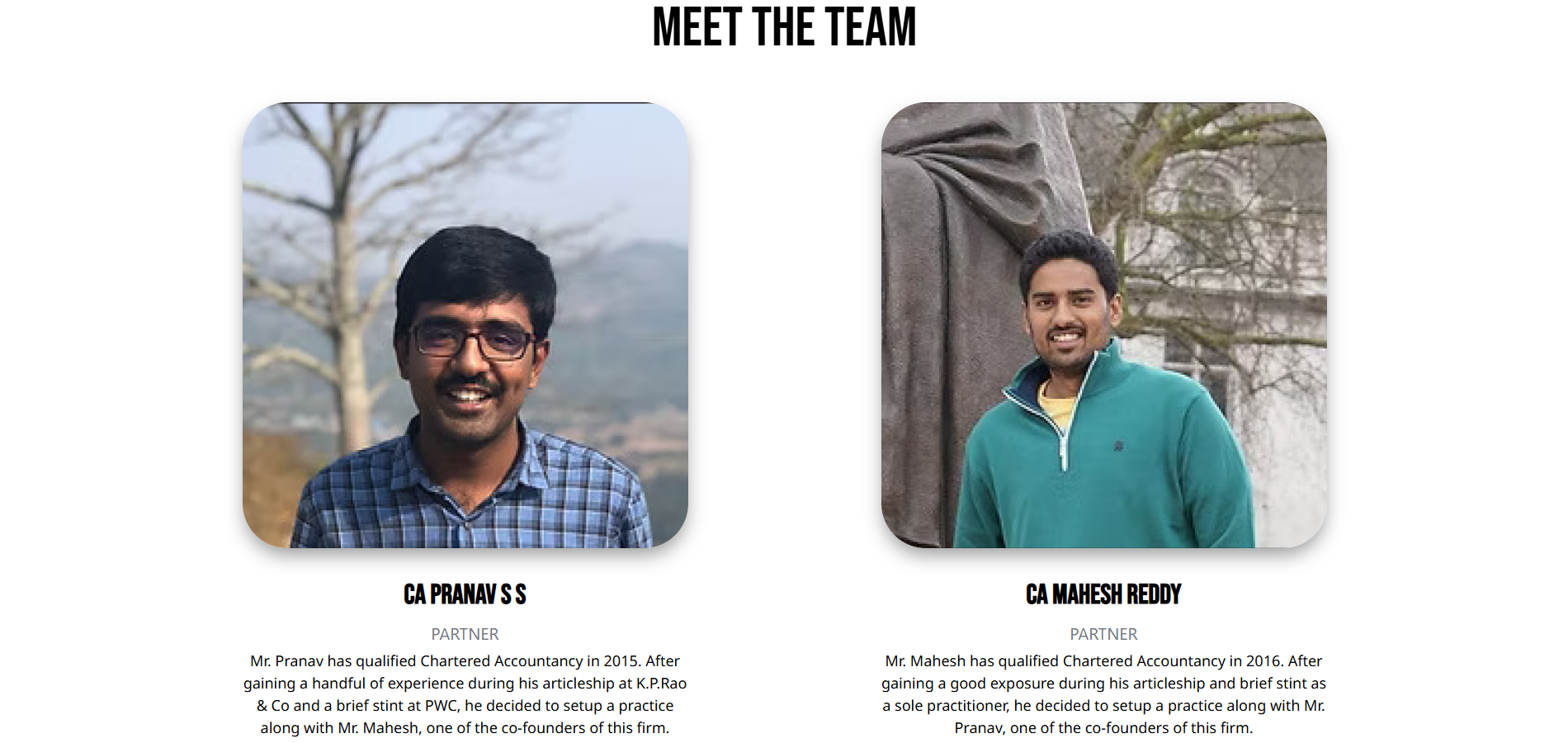 Pranav & Mahesh Chartered Accountants — Partner profiles showcasing qualifications and professional experience